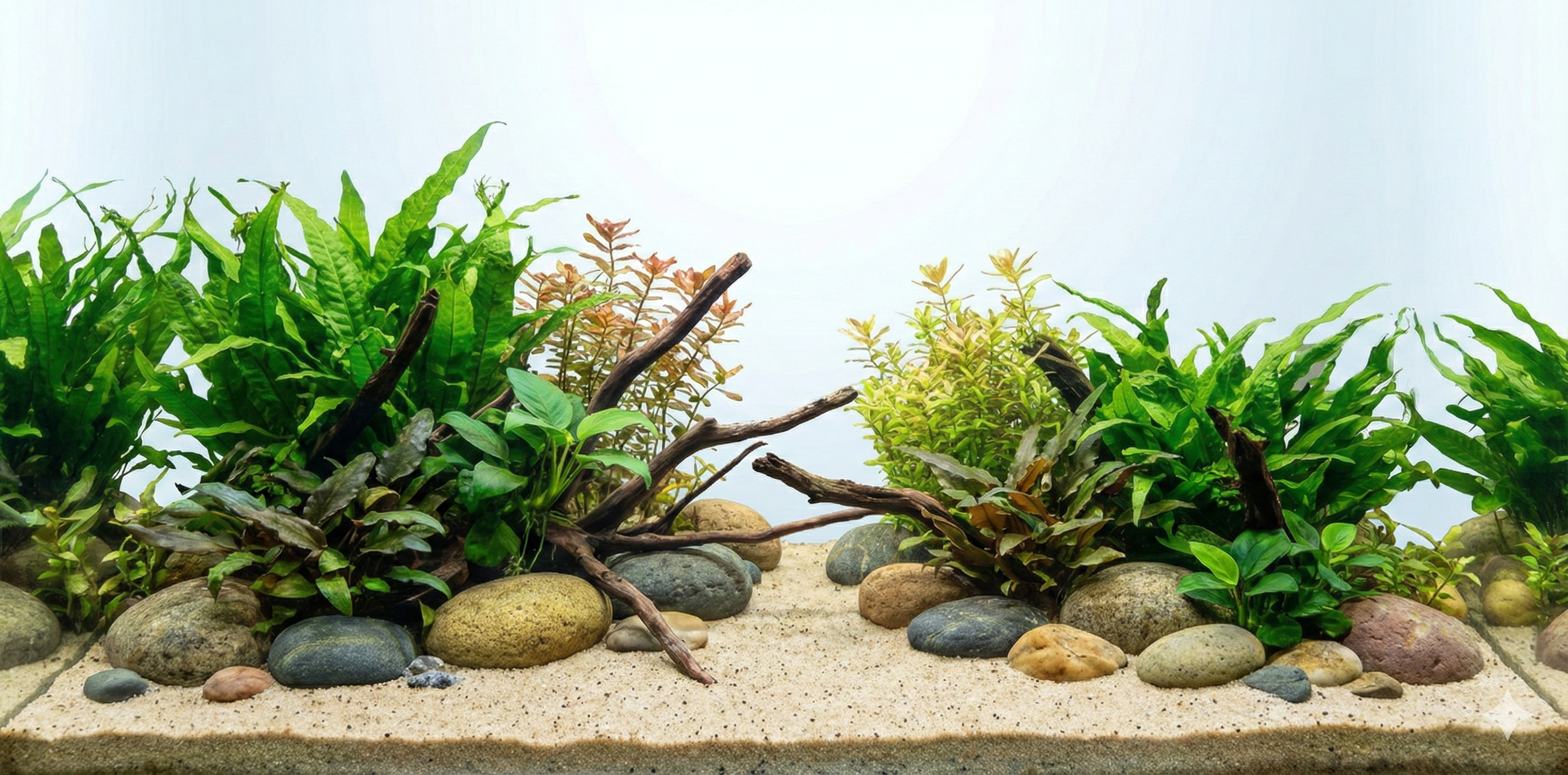 A wide, seamless panoramic background image of a planted aquarium aquascape. It features branching driftwood, rounded river stones, and various green and red aquatic plants on a fine sand substrate. The water column is clear, with no fish or equipment visible.