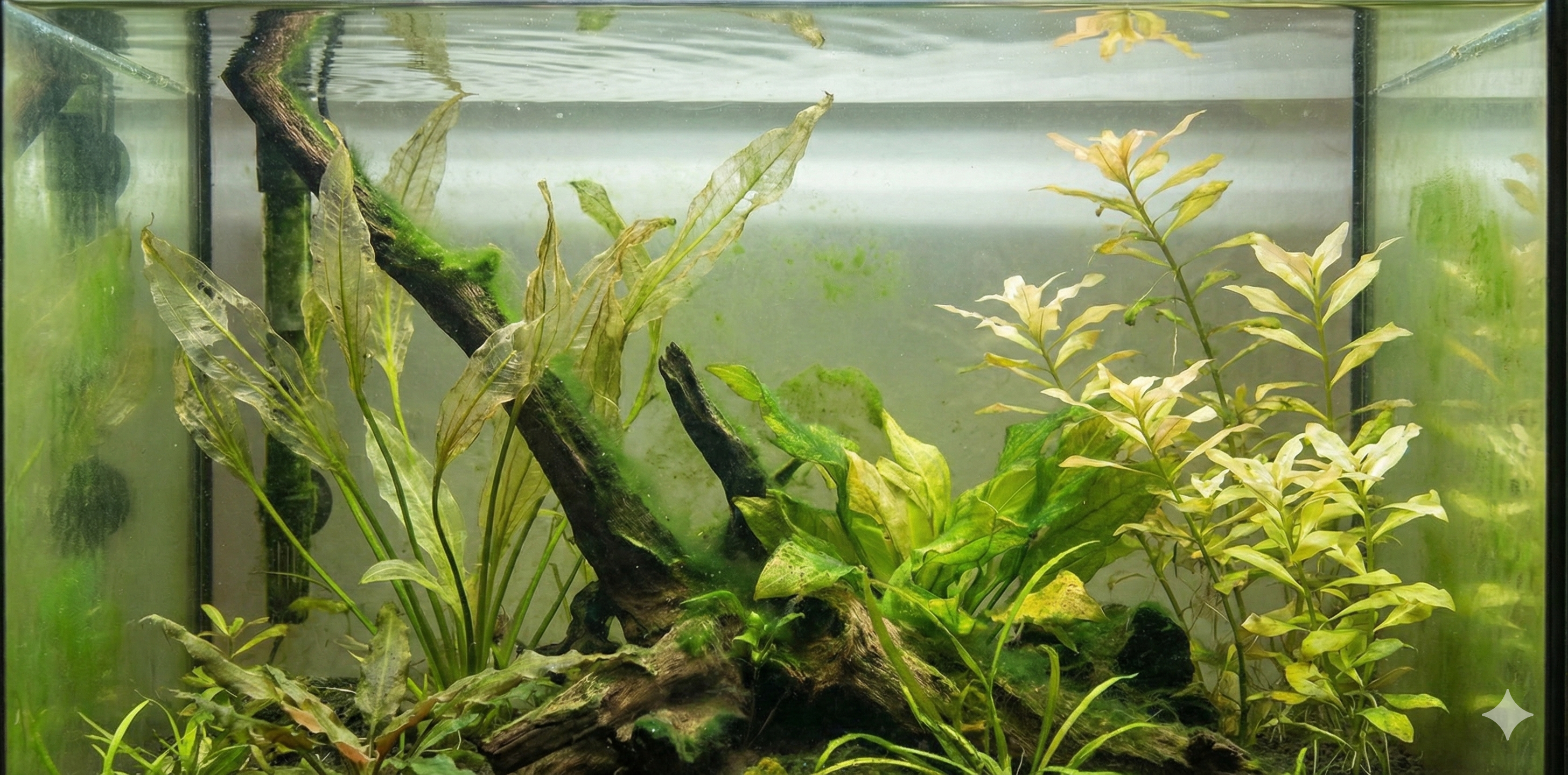 A wide-angle photograph of a neglected freshwater aquarium showing common beginner mistakes. The tank features aquatic plants with decaying, melted leaves, visible green algae on the glass and driftwood, and other plants with yellowing, nutrient-deficient foliage. The water appears slightly cloudy.