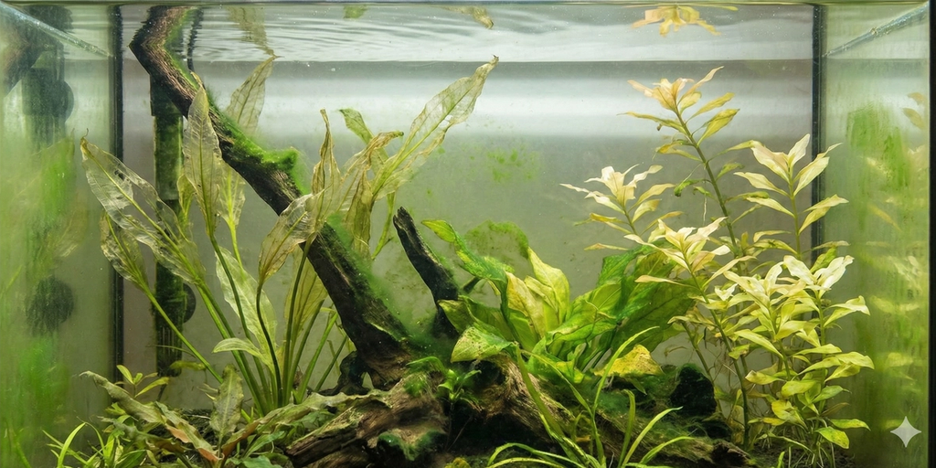 A wide-angle photograph of a neglected freshwater aquarium showing common beginner mistakes. The tank features aquatic plants with decaying, melted leaves, visible green algae on the glass and driftwood, and other plants with yellowing, nutrient-deficient foliage. The water appears slightly cloudy.