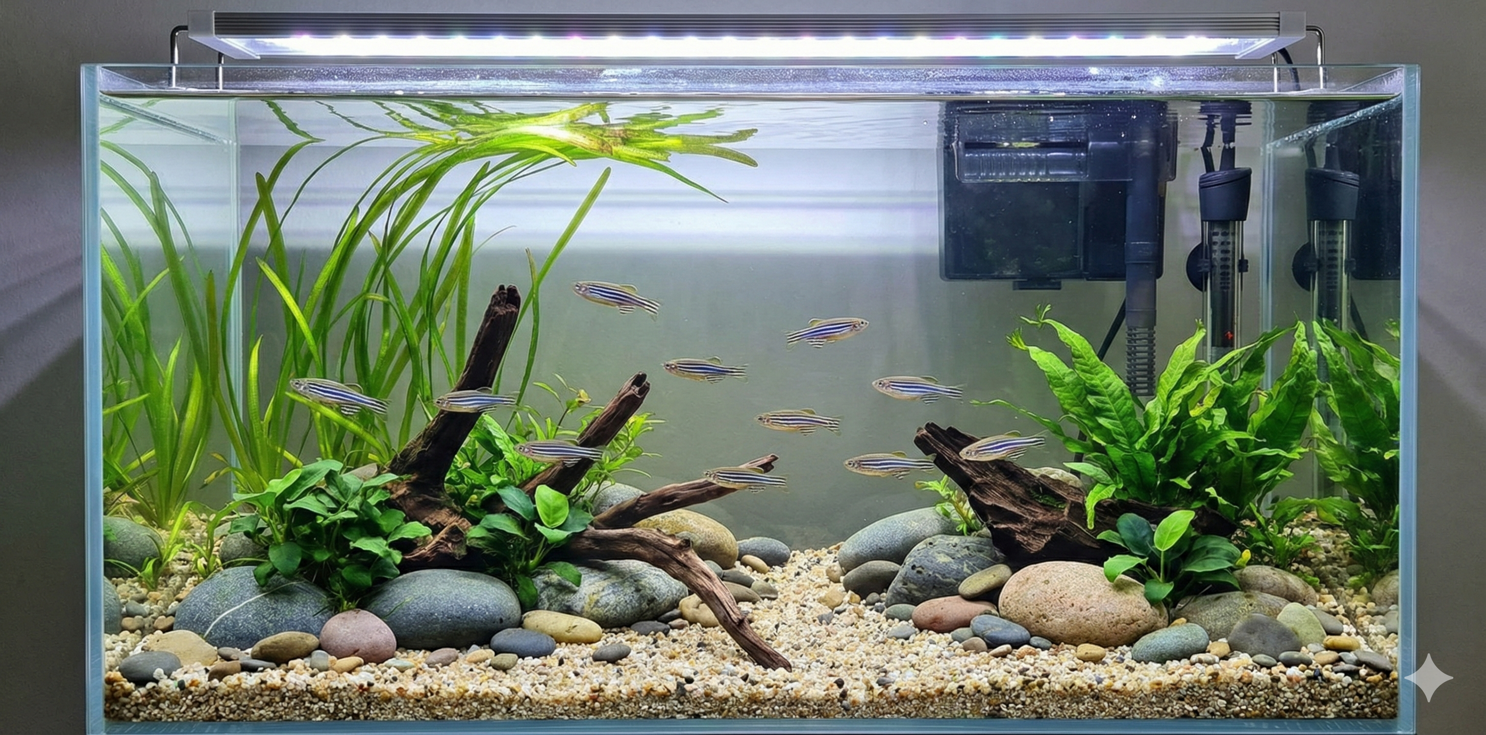 A wide-angle photograph of a 60-liter nature aquarium containing a school of ten active Zebra Danios (Danio rerio). The aquascape features a riverbed design with smooth river stones, fine gravel, a few pieces of driftwood, and hardy plants like Vallisneria spiralis, Anubias nana, and Java Fern. A hang-on-back filter and a heater are visible in the back corner. The tank is brightly lit by an LED fixture.