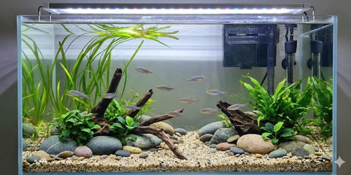A wide-angle photograph of a 60-liter nature aquarium containing a school of ten active Zebra Danios (Danio rerio). The aquascape features a riverbed design with smooth river stones, fine gravel, a few pieces of driftwood, and hardy plants like Vallisneria spiralis, Anubias nana, and Java Fern. A hang-on-back filter and a heater are visible in the back corner. The tank is brightly lit by an LED fixture.
