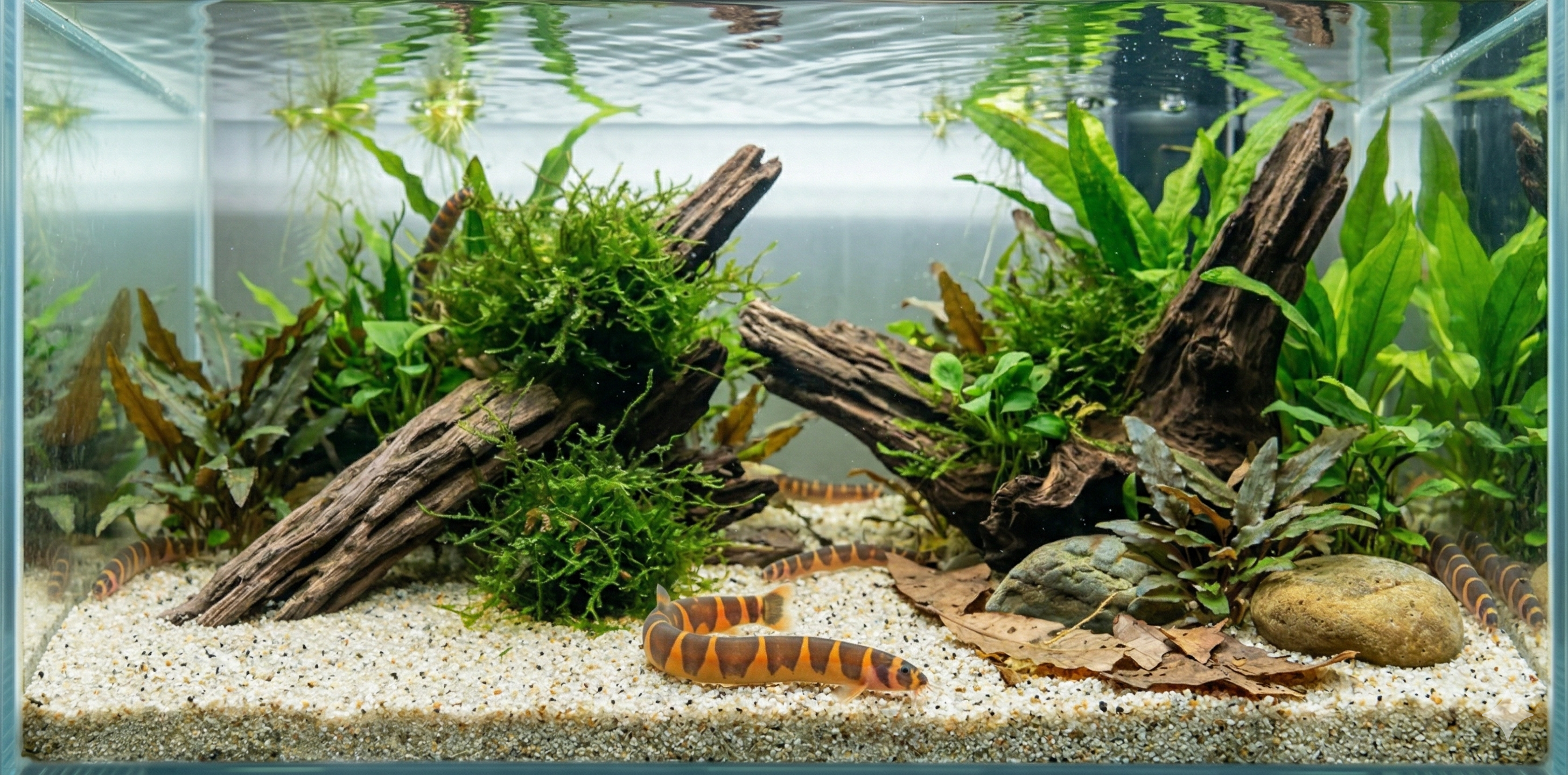 A wide panoramic photograph of a planted aquarium floor, with a Kuhli loach resting on fine sand amidst driftwood, leaf litter, and a vast array of aquatic plants.
