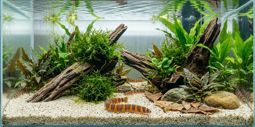 A wide panoramic photograph of a planted aquarium floor, with a Kuhli loach resting on fine sand amidst driftwood, leaf litter, and a vast array of aquatic plants.
