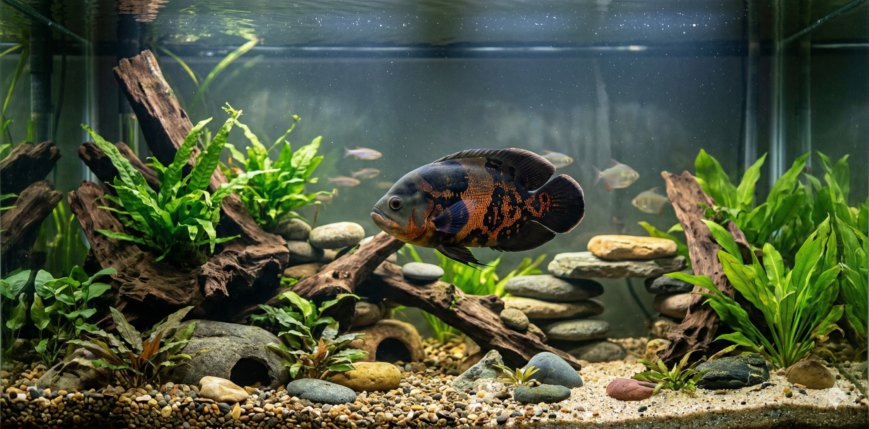 This panoramic view provides a broader context, showing the expansive aquarium landscape and emphasizing the large size of the Tiger Oscar.