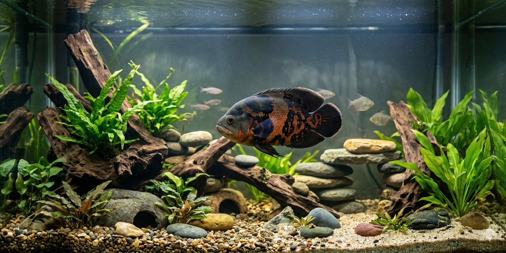 This panoramic view provides a broader context, showing the expansive aquarium landscape and emphasizing the large size of the Tiger Oscar.