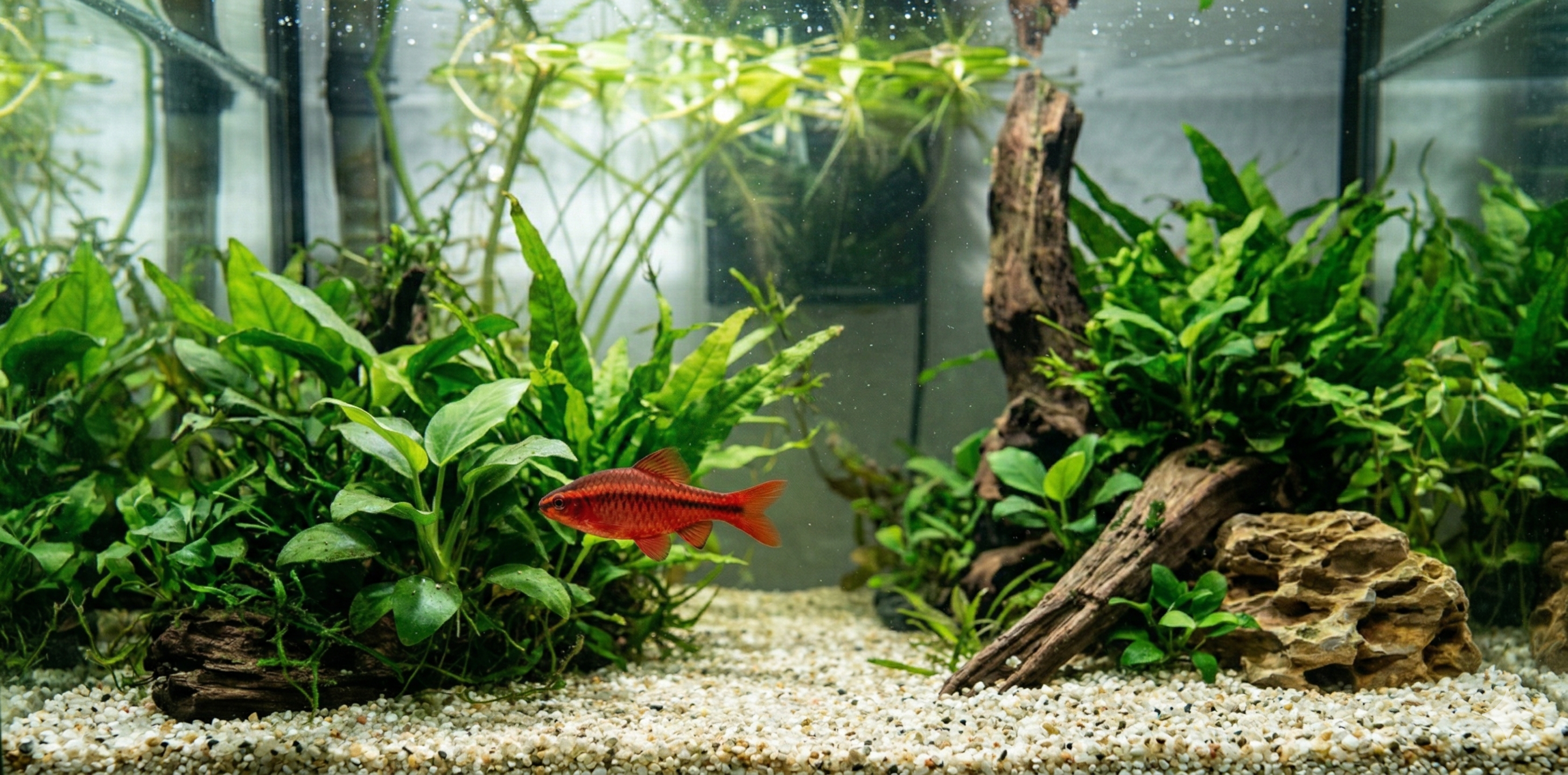 A panoramic underwater photograph expanding on the scene from image_67.png. It features the identical male Cherry Barb within a larger, detailed planted freshwater aquascape, revealing more environment with additional driftwood, rock formations, and dense aquatic plants, maintaining a realistic, very similar look.