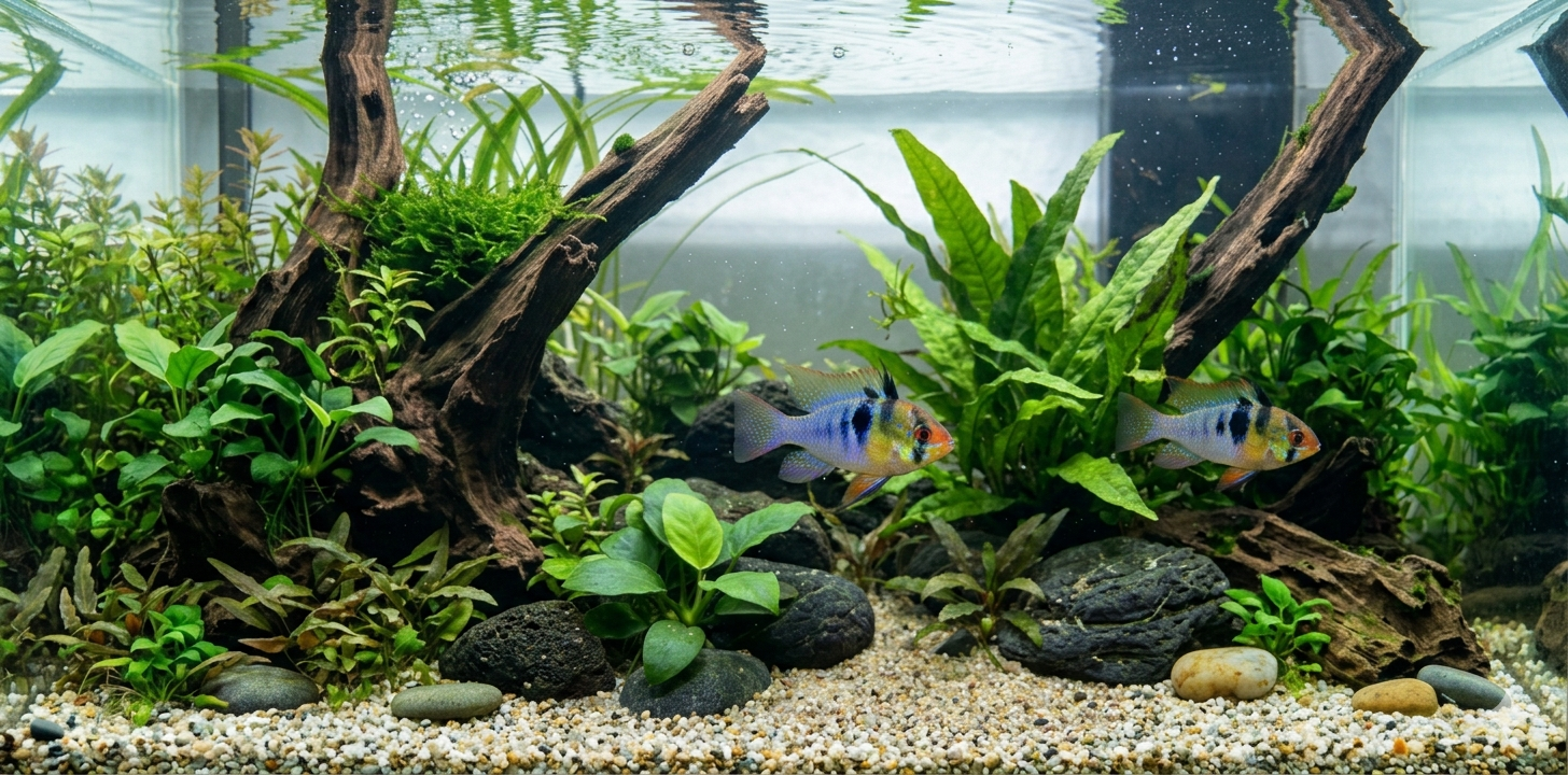 A wide-angle panoramic 2:1 photograph taken in a large planted freshwater aquarium. Multiple German blue ram fish (Mikrogeophagus ramirezi), are visible. A pair, like in image_185.png, swims together in the dynamic, well-lit mid-ground. The specific colors, prominent black spots, and red eyes seen in image_188.png are consistent. The aquascape is expanded to include extensive weathered driftwood. Small particles and a few scattered larger smooth river stones are visible, maintaining the environmental continuity. The water is pristine, showing subtle current and bubbles. This is the second of three highly similar images of the German blue ram.