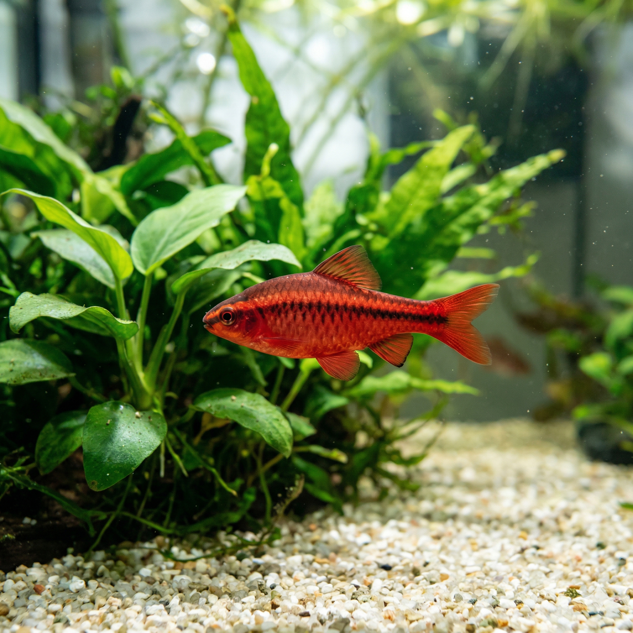 A panoramic underwater photograph expanding on the scene from image_67.png. It features the identical male Cherry Barb within a larger, detailed planted freshwater aquascape, revealing more environment with additional driftwood, rock formations, and dense aquatic plants, maintaining a realistic, very similar look.