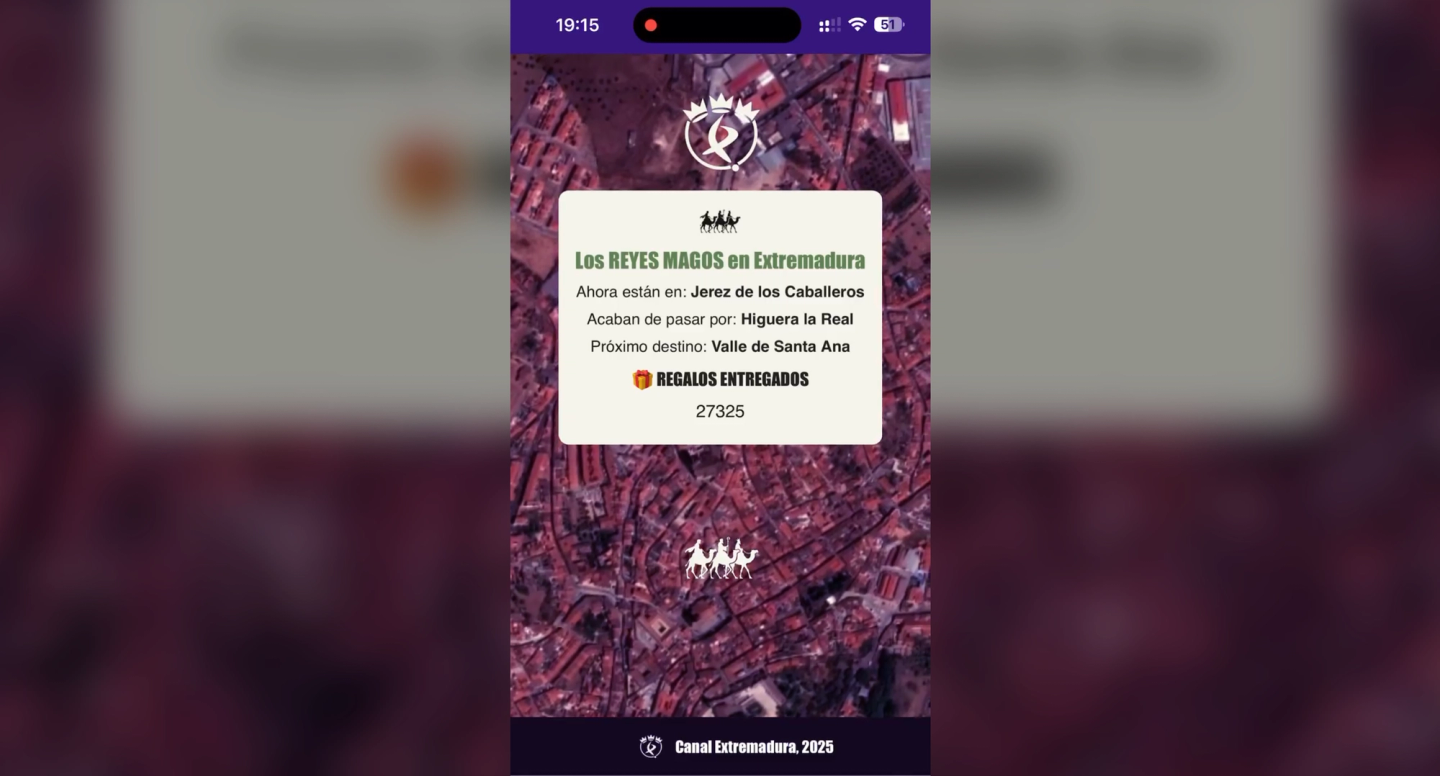 Pantalla del rastreador de los Reyes Magos sobre un mapa de Extremadura