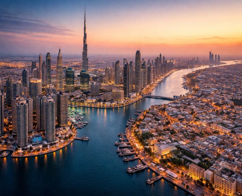 Dubai skyline showing Downtown, Marina, and Deira hotel areas