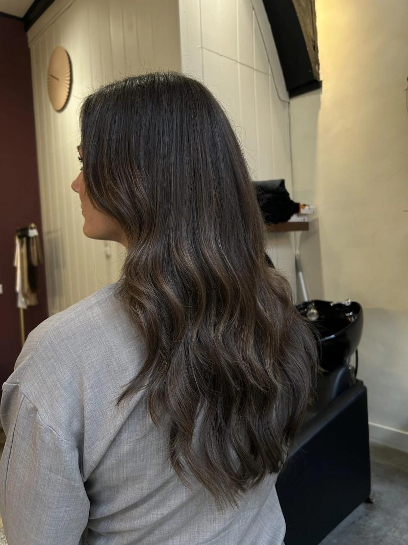 Lang donkerbruin haar met zachte balayage, van achteren