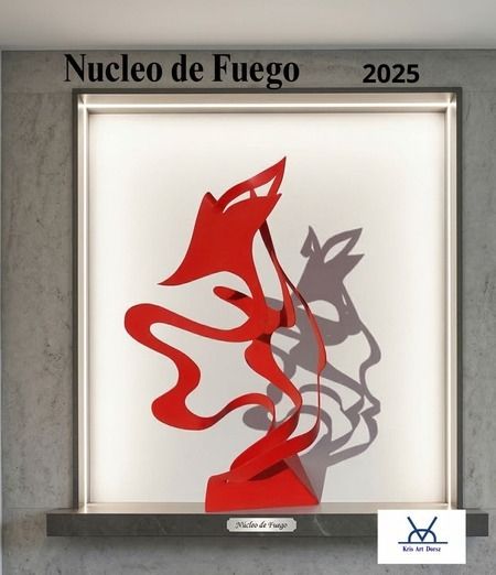 Nucleo de Fuego, a red painted iron flame-form sculpture lit in a wall niche