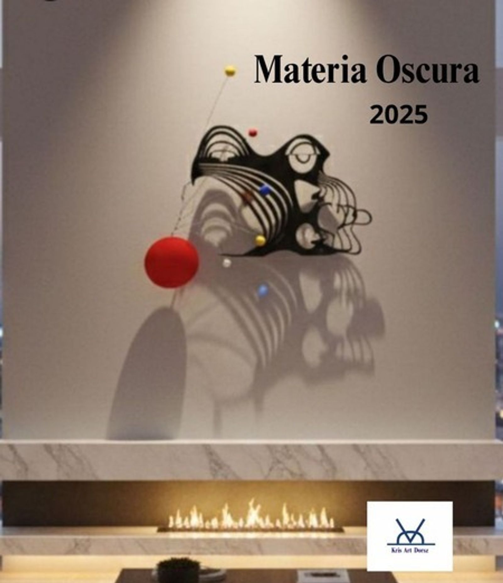 Materia Oscura, a black painted iron sculpture with a red sphere and smaller colored spheres, mounted on a wall above a fireplace