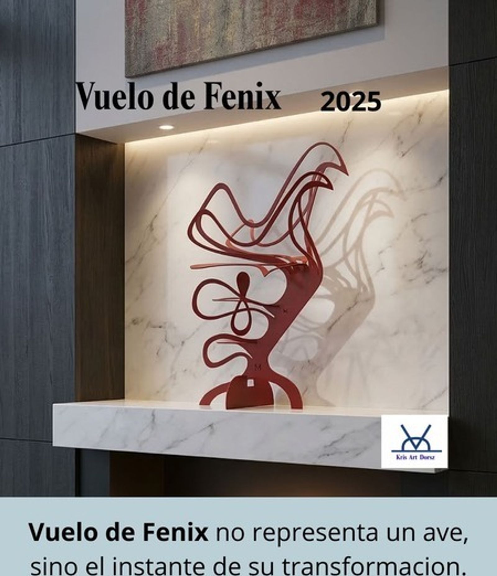 Vuelo de Fenix, a red painted iron bird-form sculpture in a marble wall niche