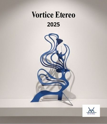 Vortice Etereo, a blue painted iron spiraling sculpture displayed against a plain studio wall