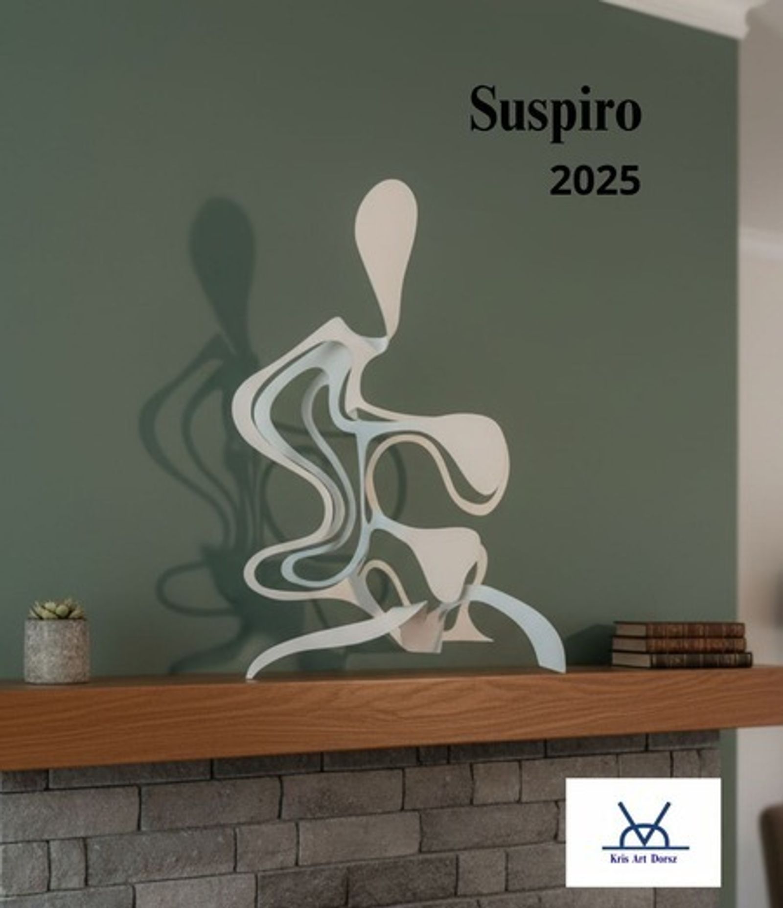 Suspiro, a white painted iron sculpture with looping ribbon-like forms, displayed on a mantel against a sage green wall
