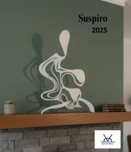 Suspiro, a white painted iron sculpture with looping ribbon-like forms, displayed on a mantel against a sage green wall