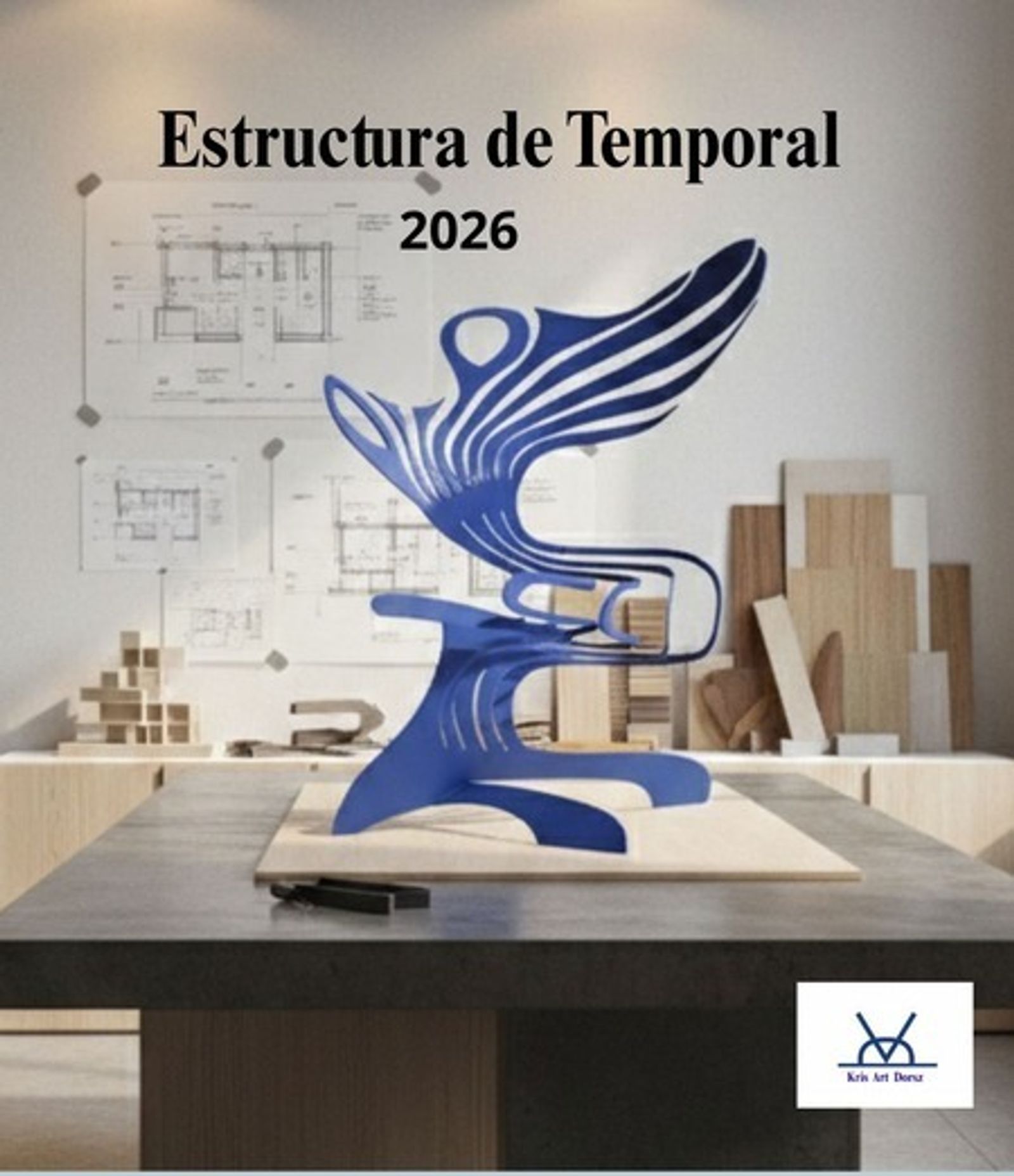Estructura de Temporal, a blue painted iron winged sculpture displayed on a table in an architect's studio