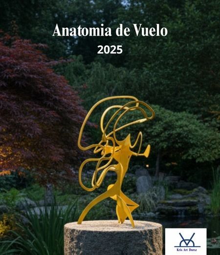 Anatomia de Vuelo, a black painted iron sculpture on a stone boulder pedestal in a garden
