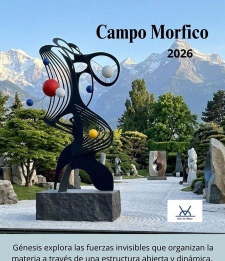 Campo Morfico, a black painted iron helical sculpture with red, white, blue, and yellow spheres, displayed on a stone plinth in a landscaped garden with mountains behind