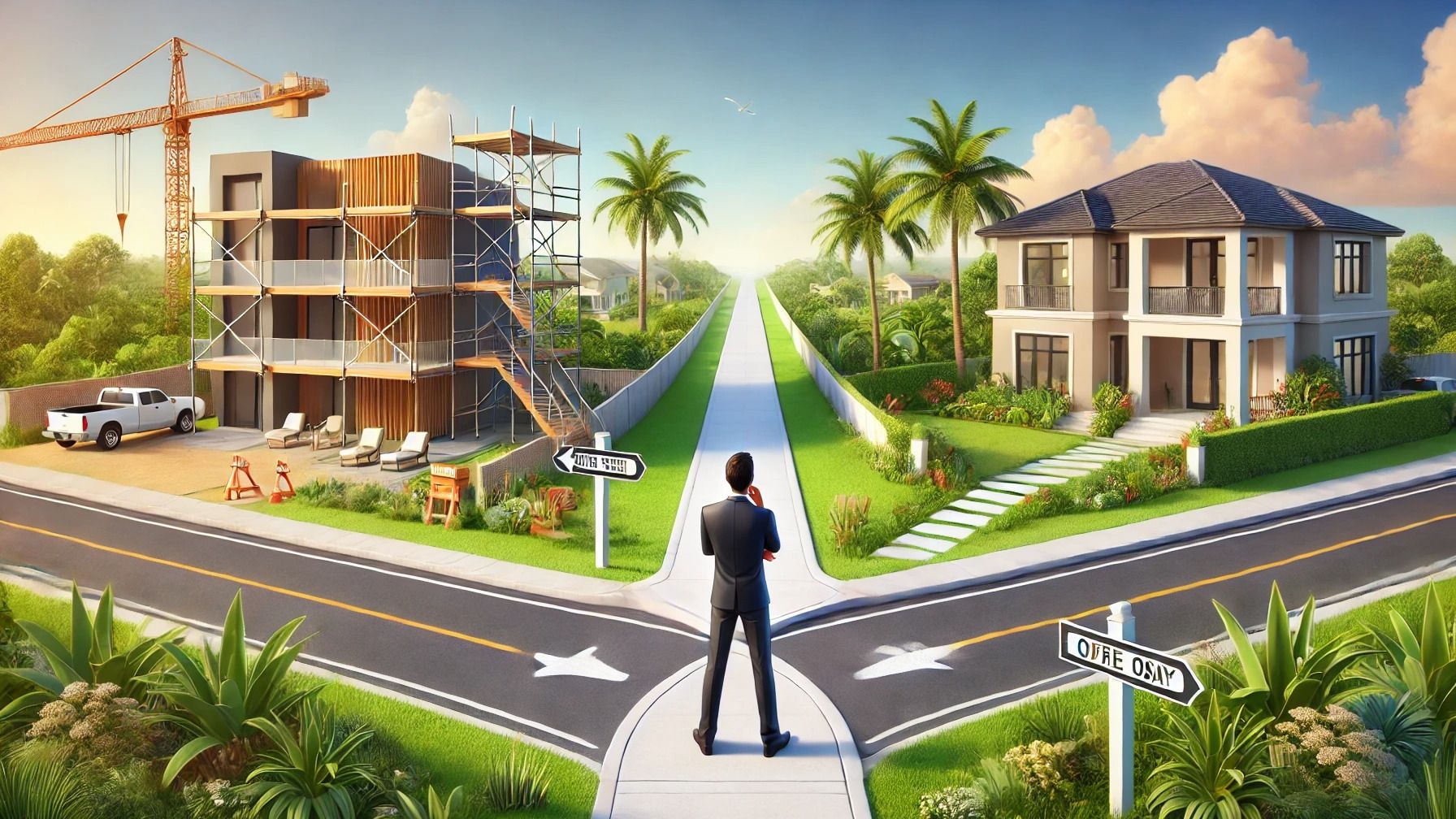 a man is standing at an intersection between two houses under construction .