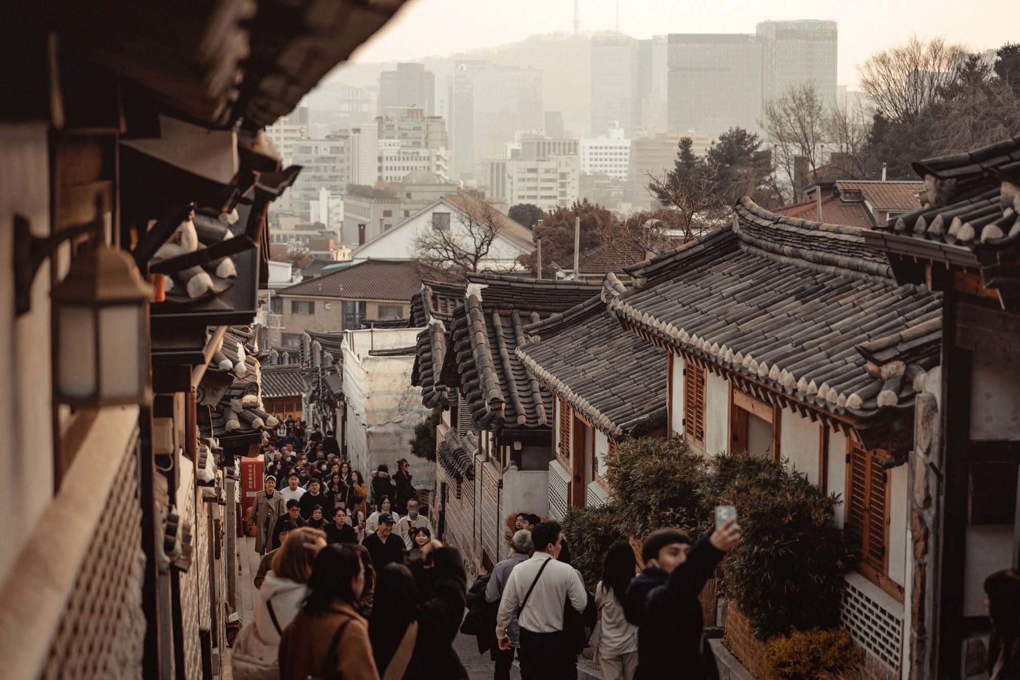Traditional hanok tiled rooftops in Bukchon Hanok Village, Seoul