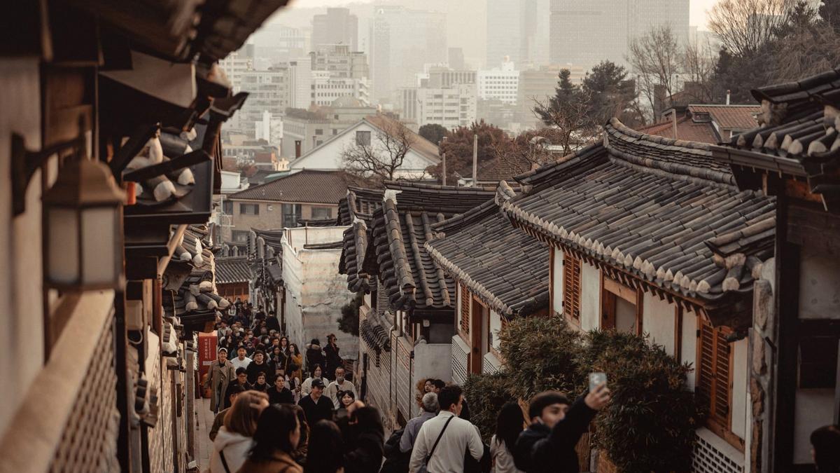 Traditional hanok tiled rooftops in Bukchon Hanok Village, Seoul