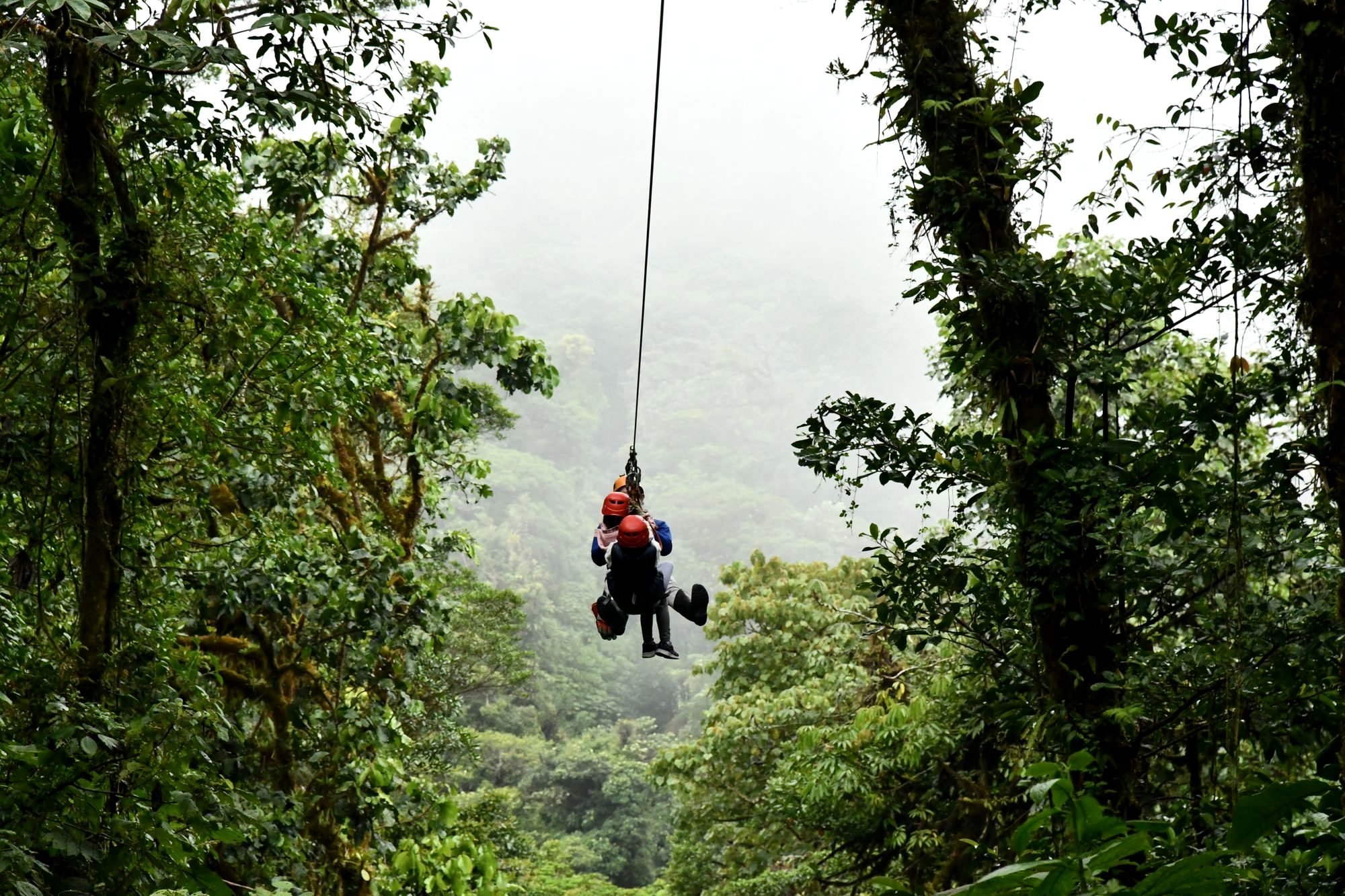 A traveler zip-lining over the rainforest canopy in Costa Rica