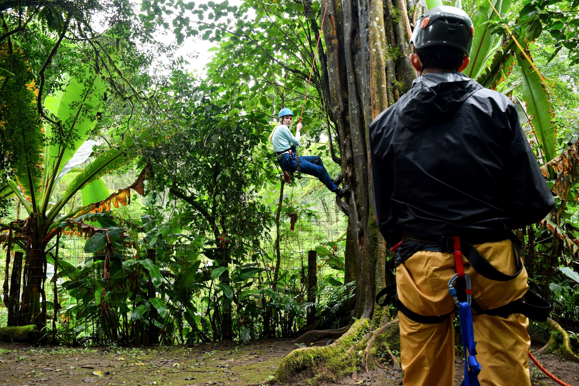 A traveler zip-lining over the rainforest canopy in Costa Rica