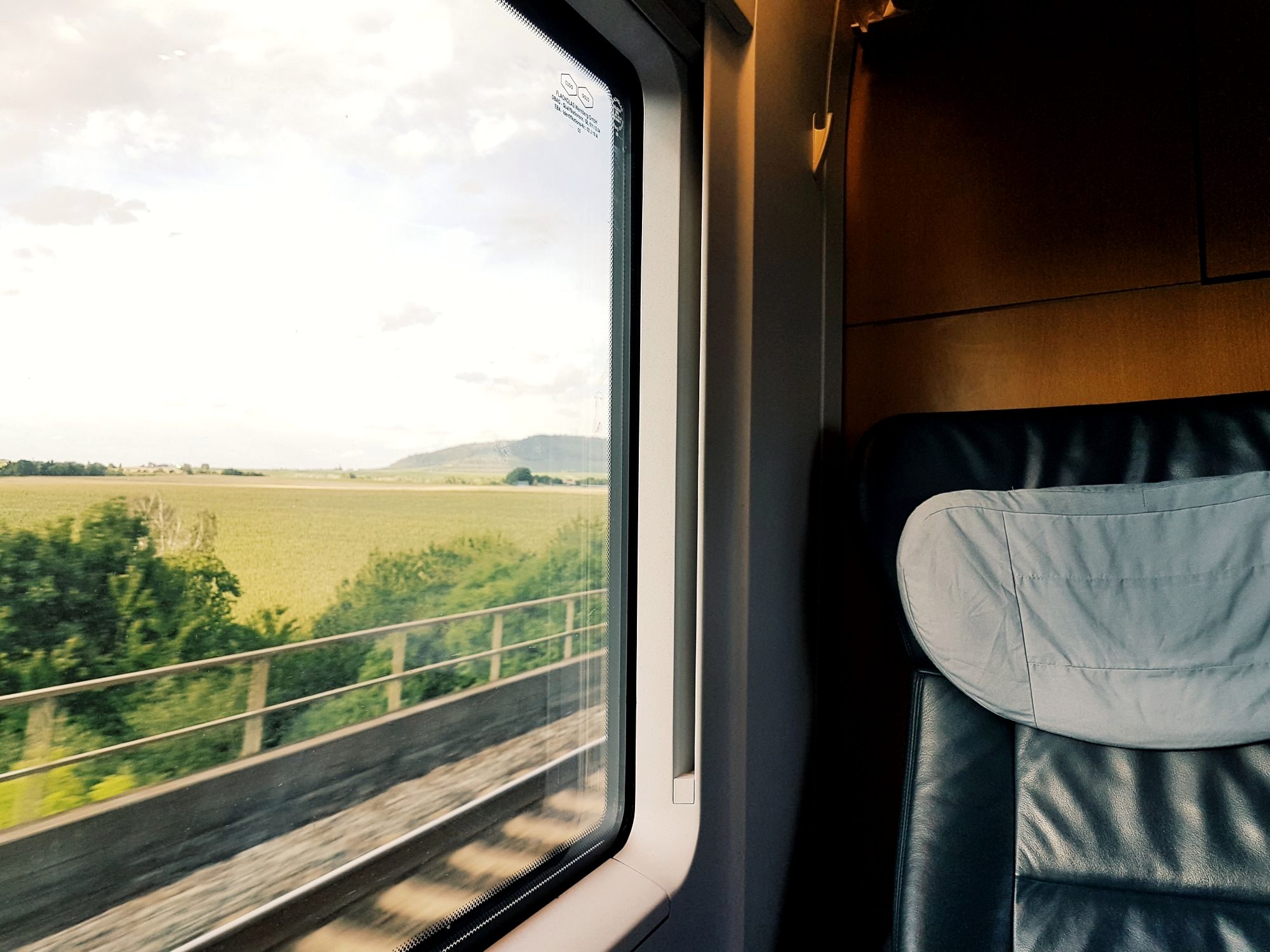 A regional train winding through green countryside seen from the window