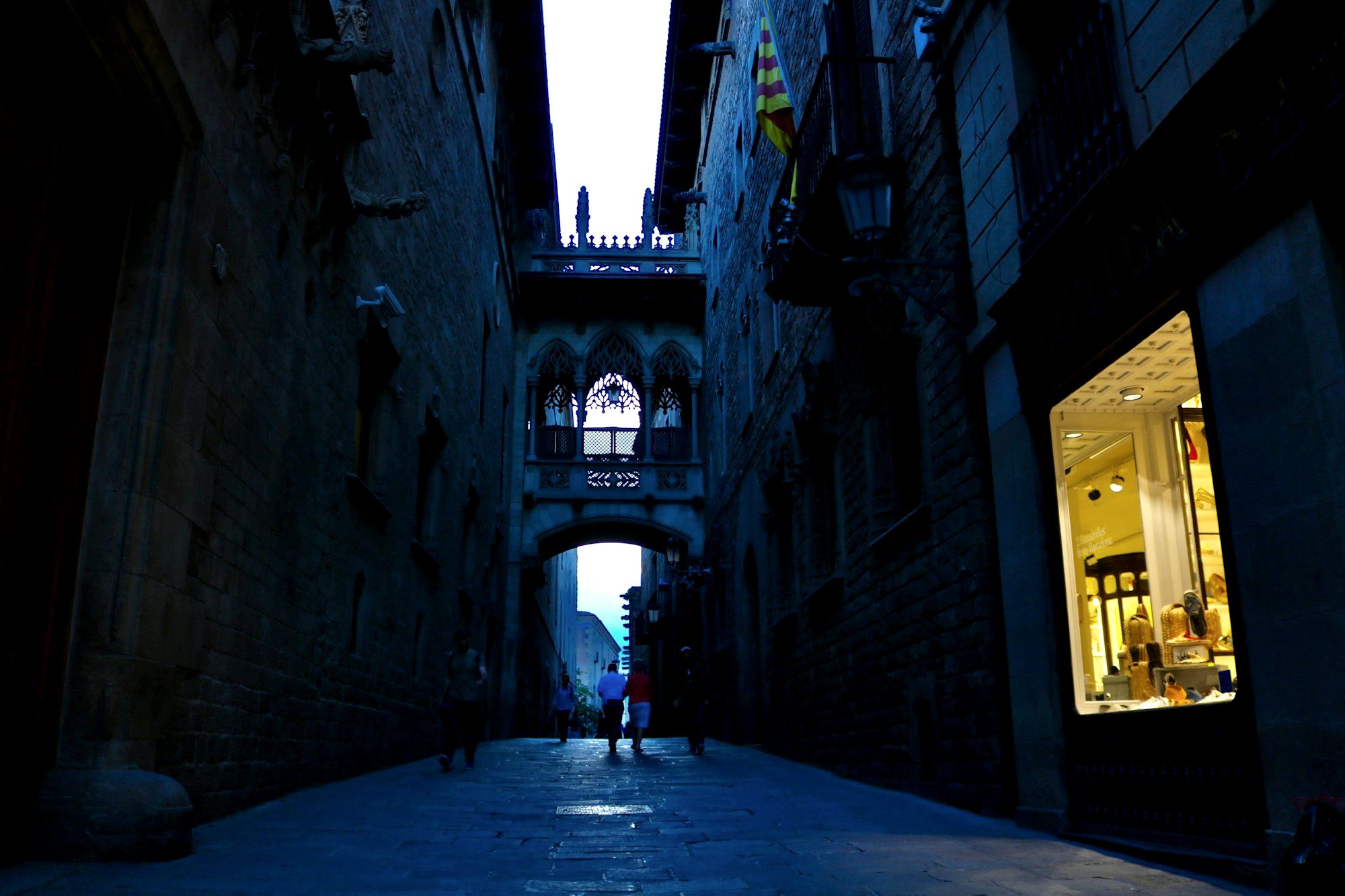 A narrow medieval stone alley in Barcelona's Gothic Quarter with iron balconies