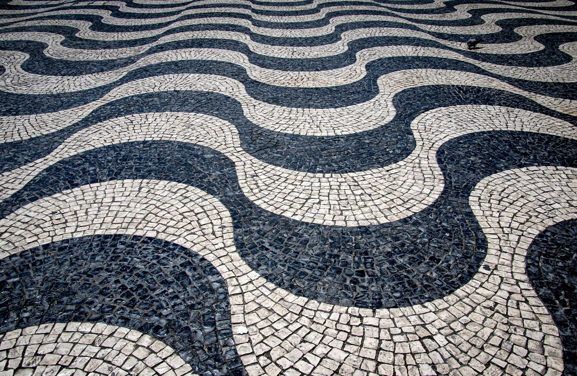 Lisbon's calçada portuguesa mosaic pavement in a wave pattern underfoot