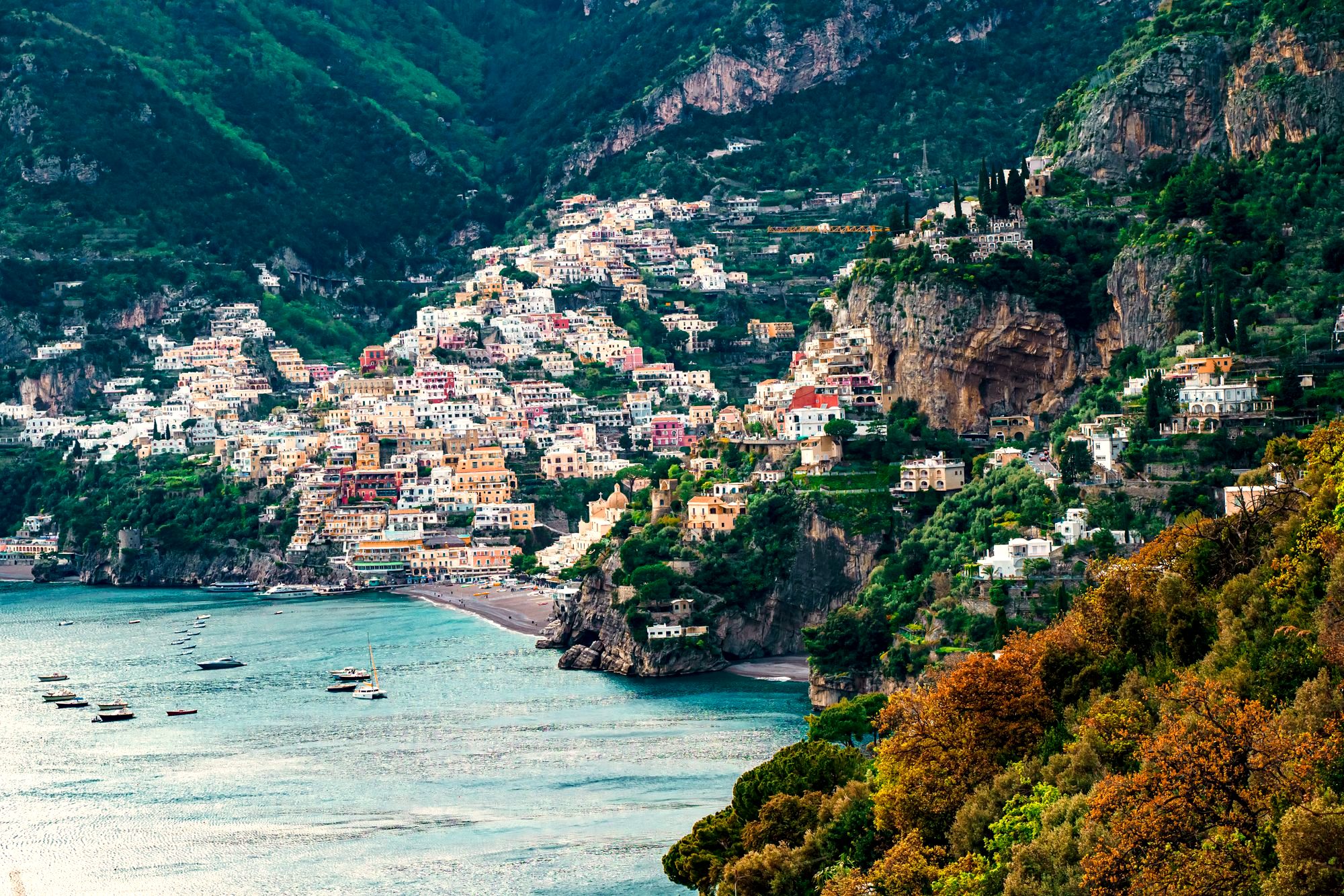 Positano's pastel houses stacked above the sea on the Amalfi Coast
