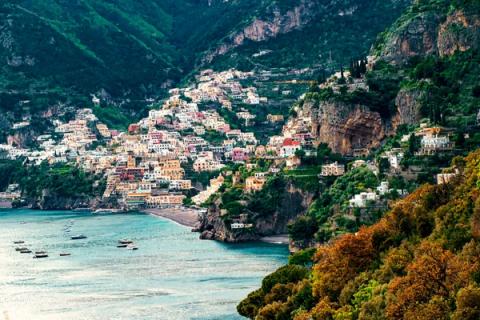 Positano's pastel houses stacked above the sea on the Amalfi Coast