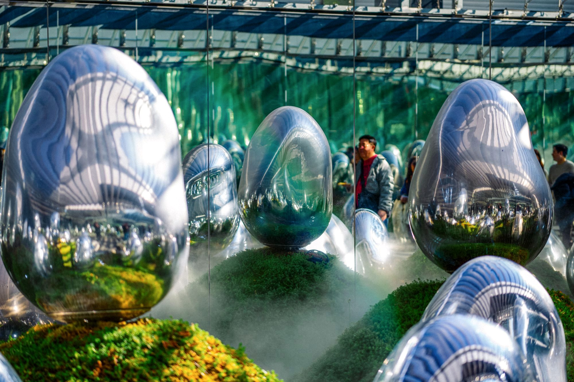 Immersive digital art installation with glowing projected light