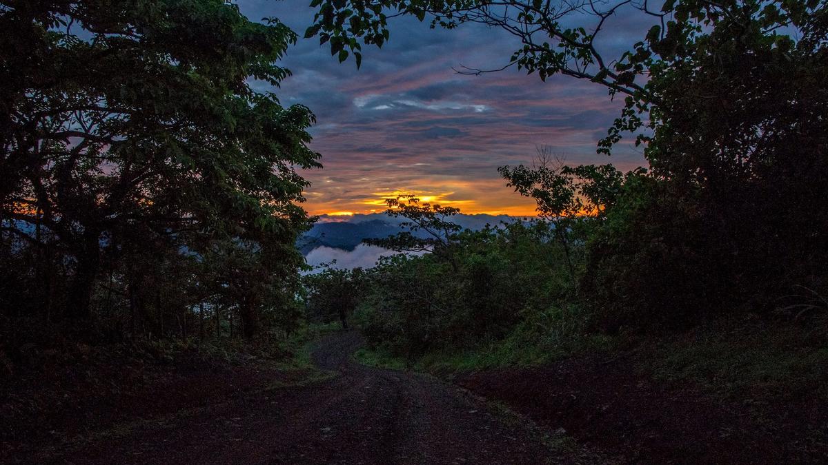 A 4x4 SUV on a muddy gravel road through the Costa Rican rainforest