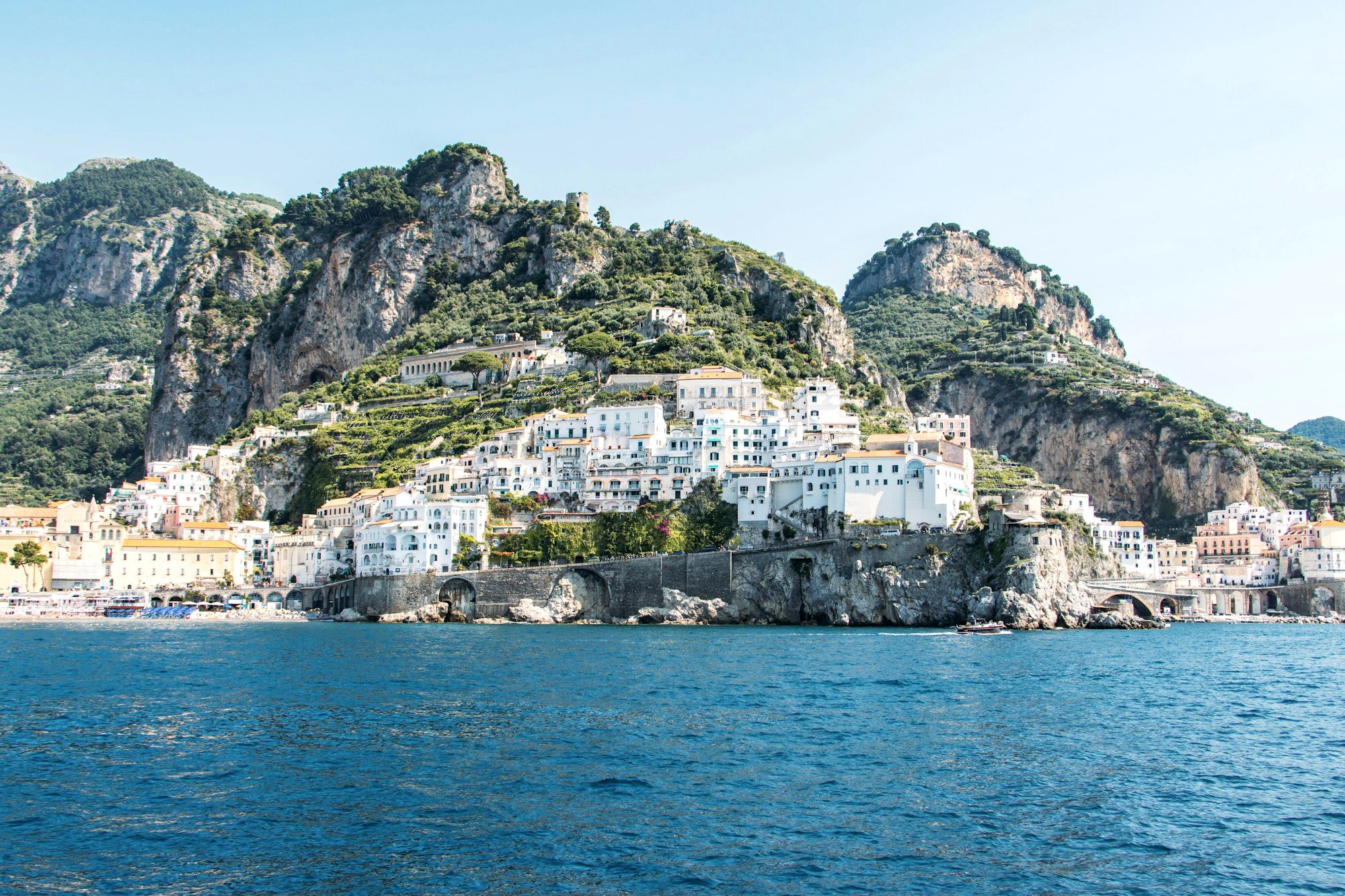 Positano's pastel houses tumbling down the cliffs to the Amalfi Coast shoreline