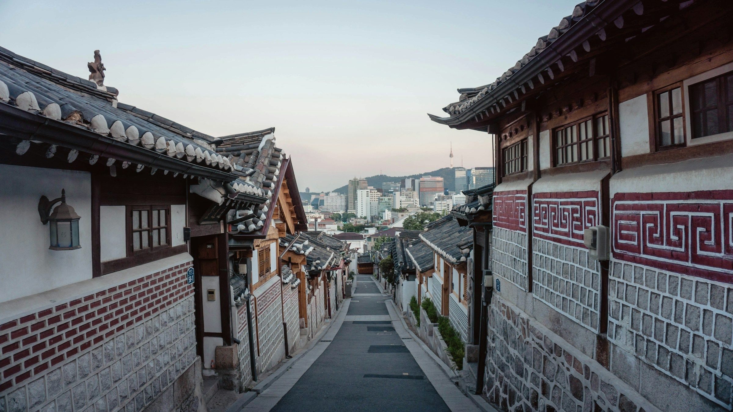 Traditional hanok tiled rooftops in Bukchon Hanok Village, Seoul