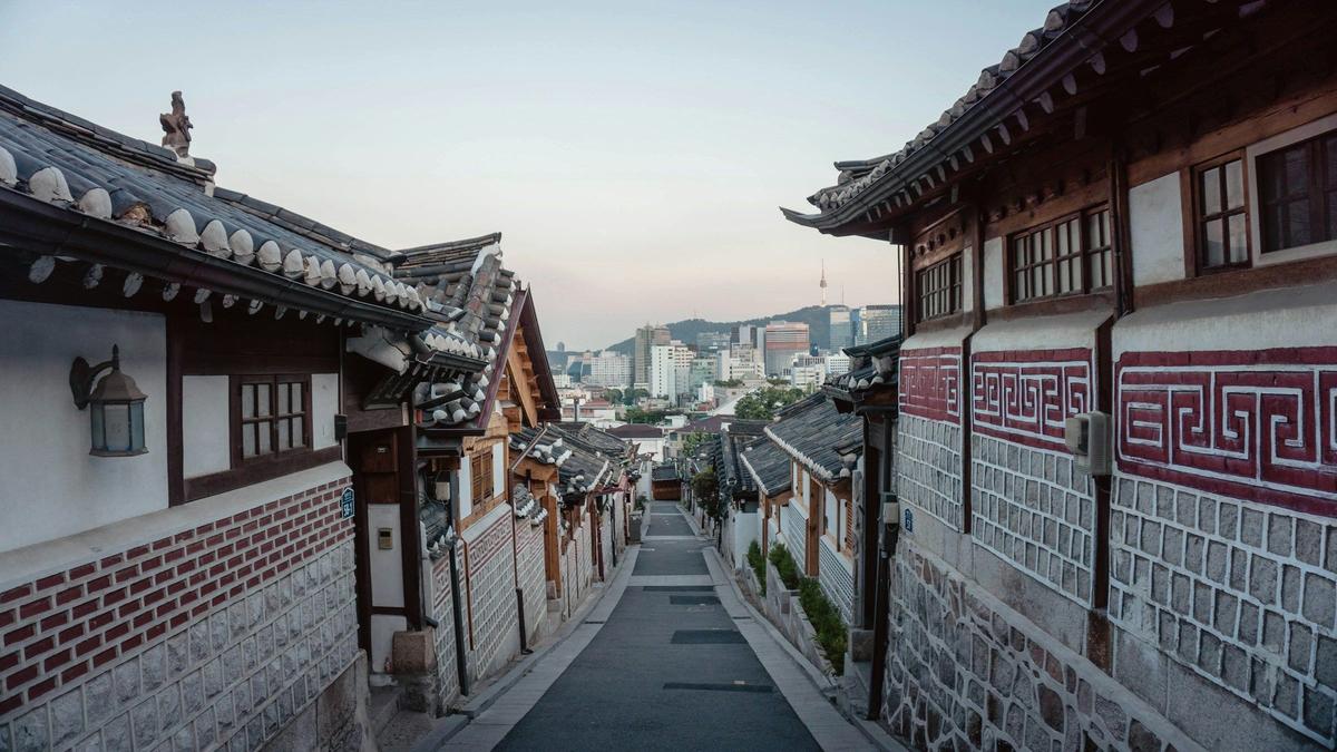 Traditional hanok tiled rooftops in Bukchon Hanok Village, Seoul