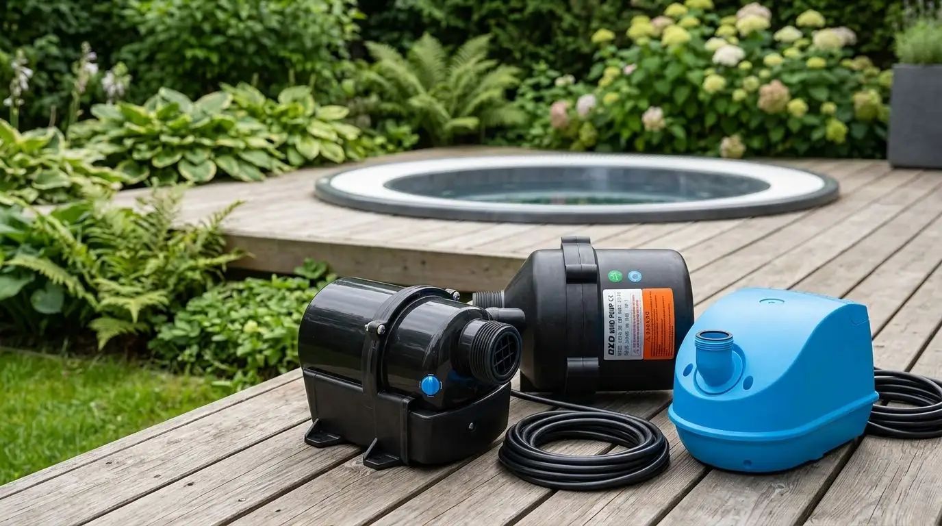 Luftkompressorer HA 7000 blower 450W och DXD Blower på ett trädäck intill ett spabad