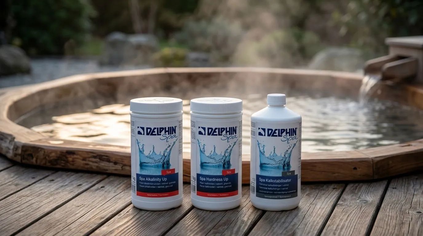 SPA Alkalinity Up och SPA pH Minus på ett trädäck bredvid ett spabad