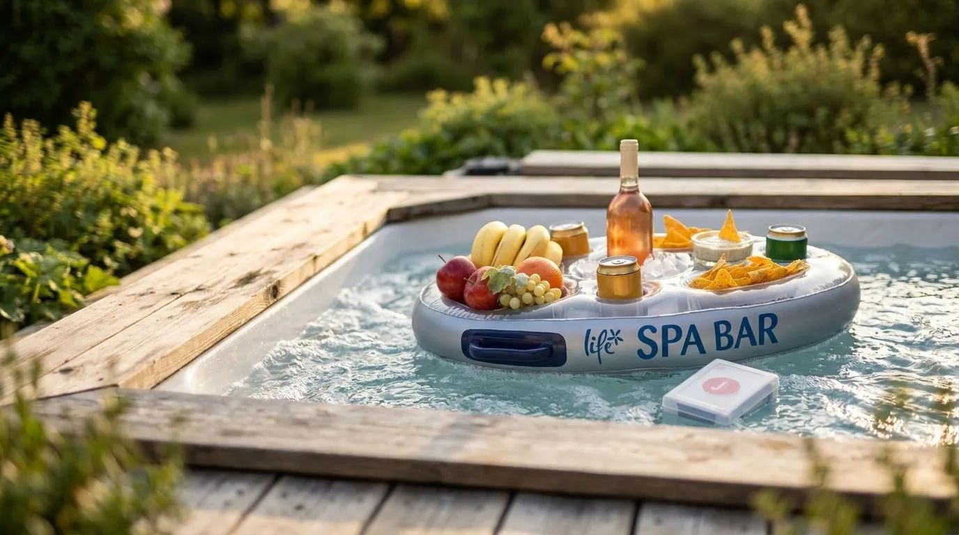 En uppblåsbar spa bar med vattensäkra spelkort placerade i en bubblande spabadsmiljö på ett trädäck, omgiven av grönskande trädgård. Scenen är upplyst av mjukt, varmt kvällsljus.