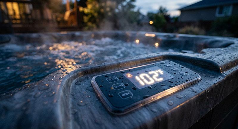 Tänd touchpanel på kanten av ett spabad som visar temperatur