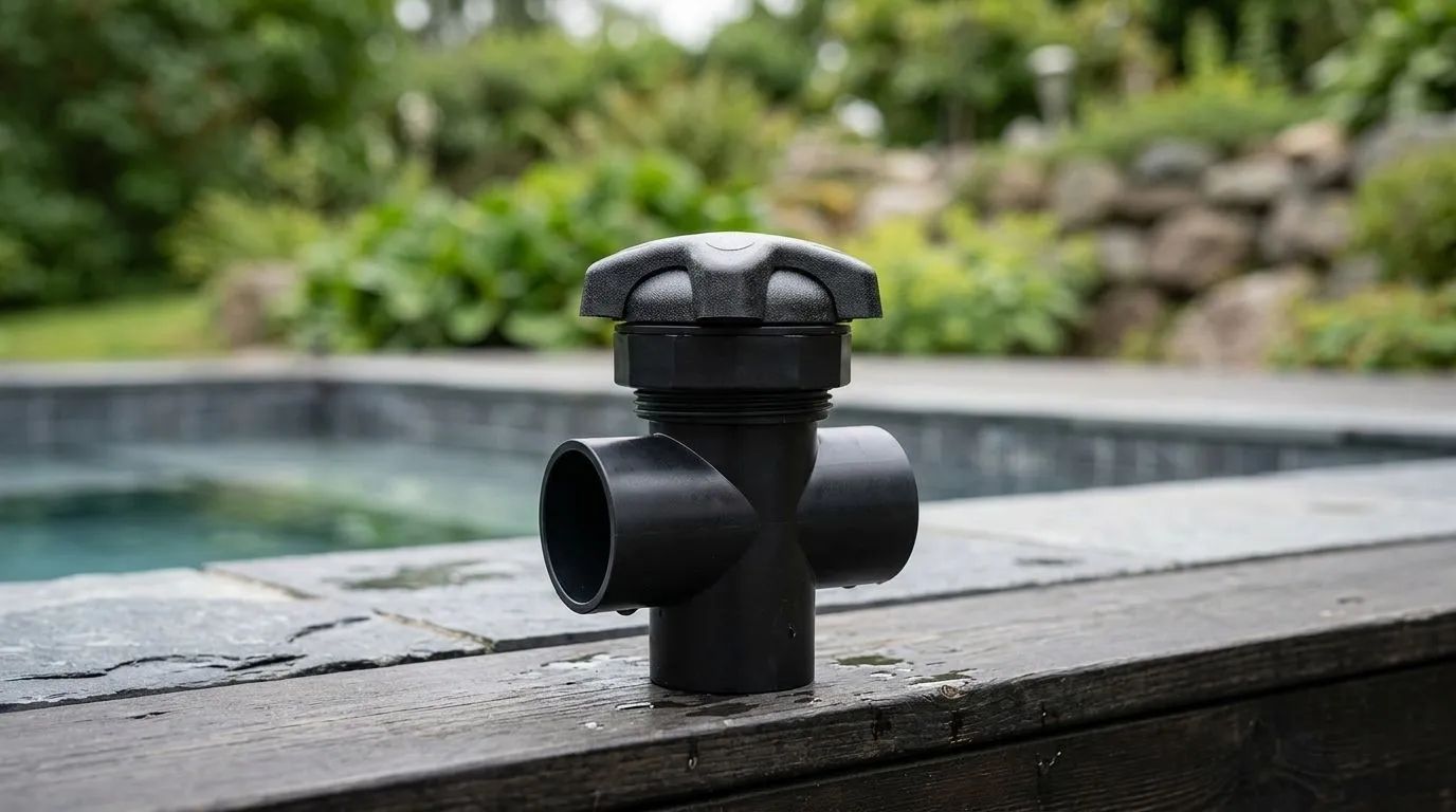 Jazzi 2" diverter Valve-produkter placerade på ett mörkt trädäck bredvid en modern spabad. I bakgrunden syns grönskande trädgårdsväxter och natursten.