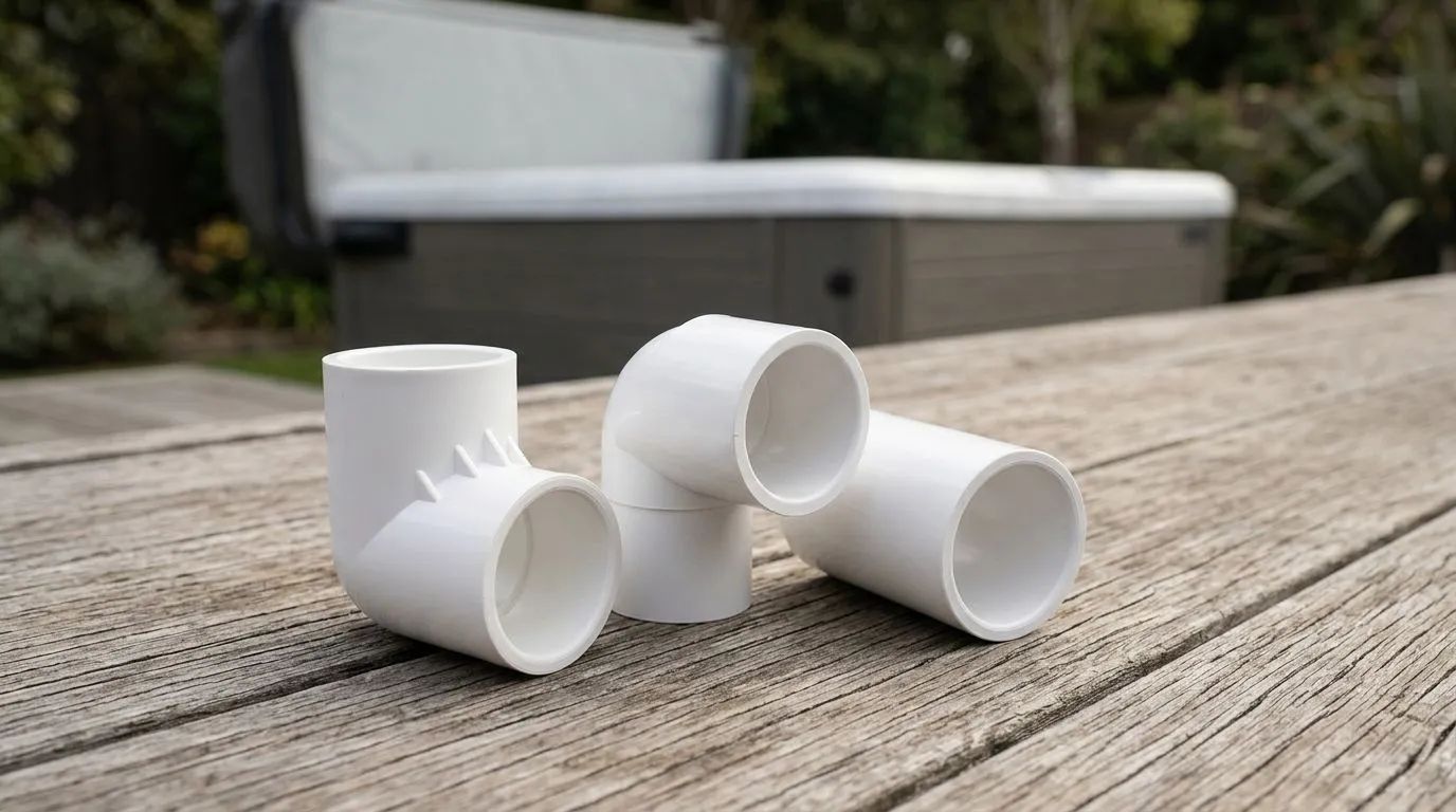 Alla kopplingar och rördelar till spabad — Ett urval av kopplingar för spabad, inklusive en adapter 1,5" 1" M/M och flera PVC-böjar, arrangerade på ett trädäck intill ett spabad i en utomhusmiljö.