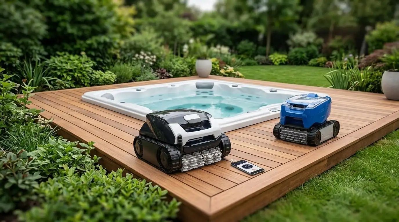 Produkter från varumärket Zodiac, såsom Zodiac RE 4600 iQ, Zodiac RT 3200 och Zodiac RE 4200, är placerade på ett trädäck intill ett spabad. Miljön är en modern utomhus spa-miljö med grönskande växter runt omkring.