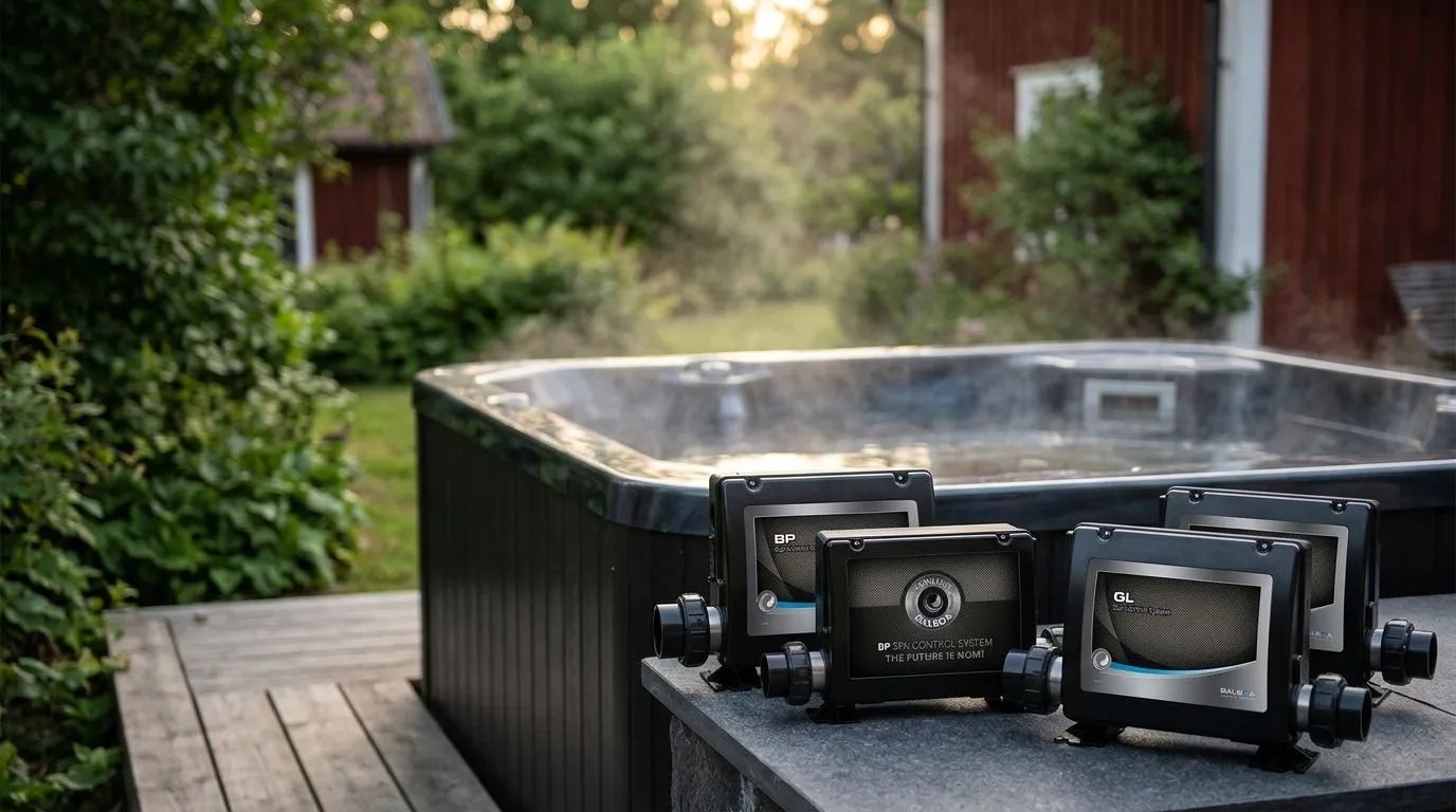Alla våra styrboxar för spabad — Styrboxar som Balboa BP600 1-Fas och Balboa System GS100 för 2kW, placerade på en stenbänk intill ett bubblande spabad i en avkopplande trädgårdsmiljö.