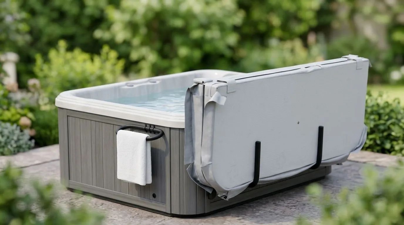 En ljus och lugn utomhusmiljö med ett modernt spa, där produkter från Leisure Concepts är naturligt placerade.
