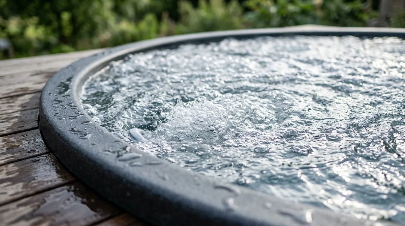 Närbild på klart bubblande spavatten mot spabadets kant och blött trädäck