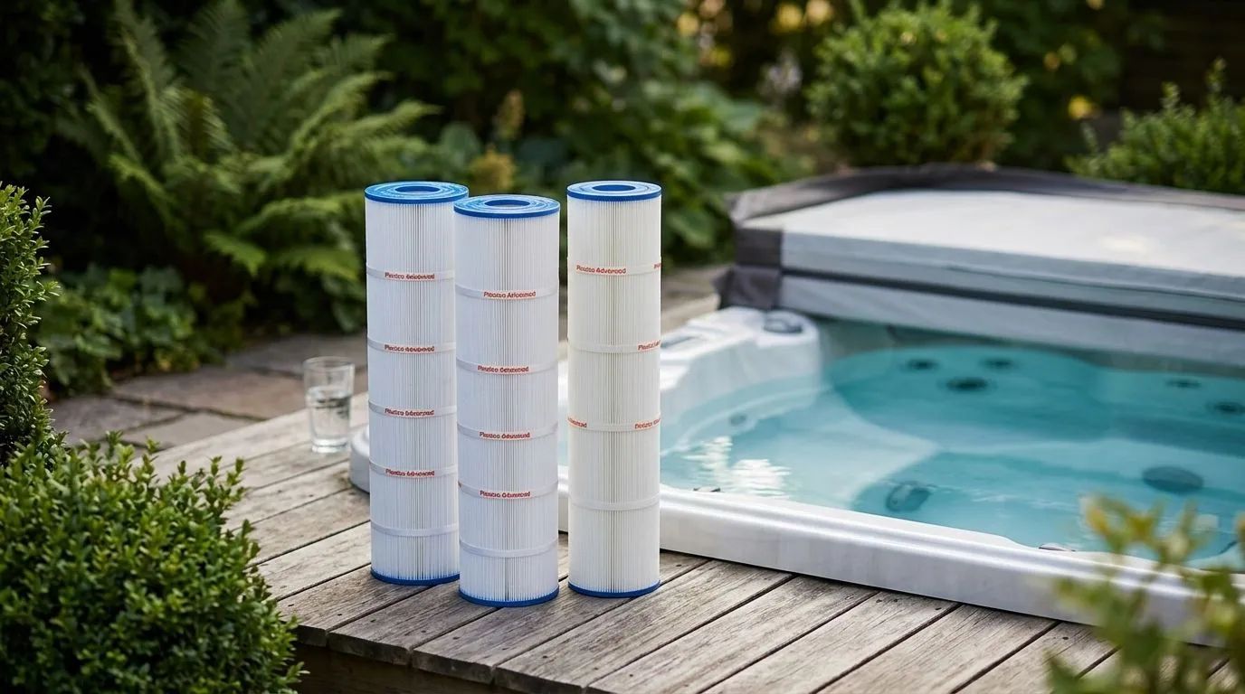 Ett Pleatco spafilter, till exempel modellen Spafilter PA75, och flera andra Pleatco spafilter vilar på ett rent trädäck bredvid ett modernt spabad. Miljön är en lugn utomhusscen med mjukt, naturligt ljus och grönskande växtlighet i bakgrunden.